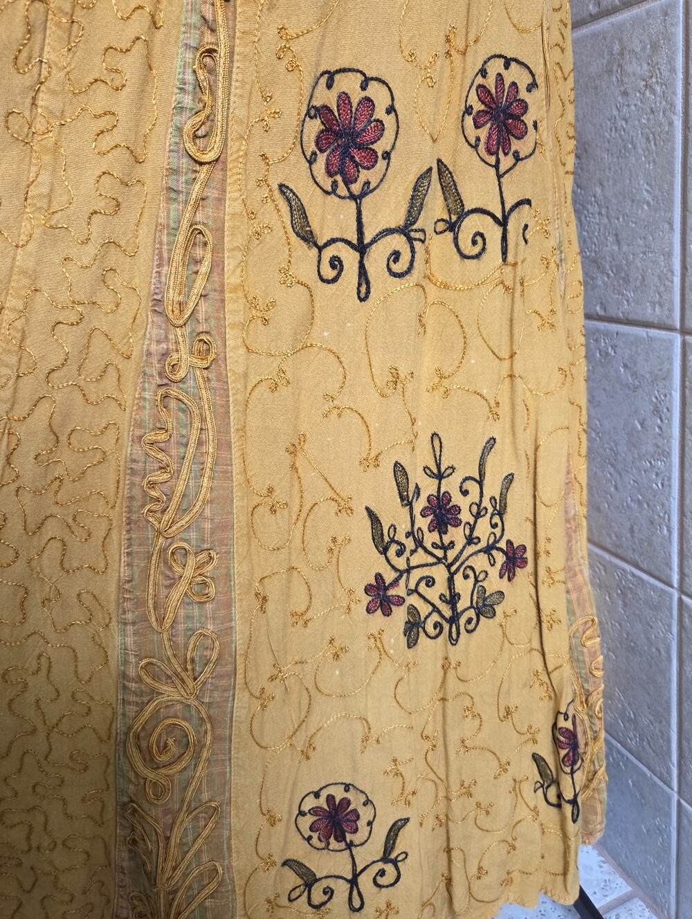 Vintage Mustard Embroidered Plaid Maxi Dress With A Belt In Back Bohemian - Picture 6 of 15